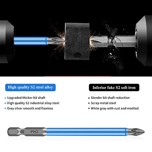 BAYTORY 10-Piece Magnetic Anti-Slip Screwdriver Bits with 1-Piece Magnetize Corrector Tool, 1/4 inch Hex Shank PH2 Phillips Screw Head 25-150mm Long Electric Cross Drill Bit Set