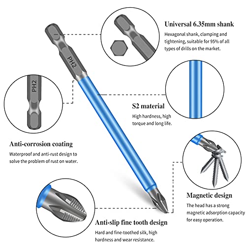 BAYTORY 10-Piece Magnetic Anti-Slip Screwdriver Bits with 1-Piece Magnetize Corrector Tool, 1/4 inch Hex Shank PH2 Phillips Screw Head 25-150mm Long Electric Cross Drill Bit Set