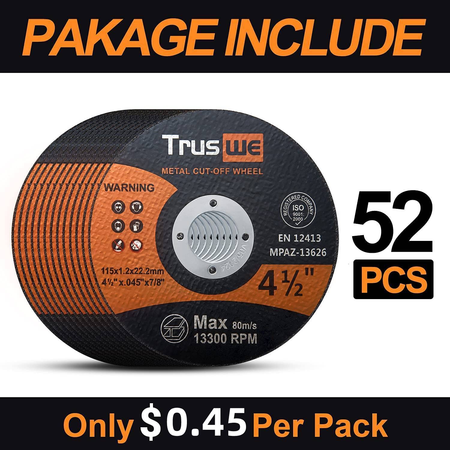 Truswe Cut Off Wheels 52 Pack,4 1/2 Inch,0.45 USD/Pack,Metal and Stainless Steel Cutting Wheel for Angle Grinder,Ultra Thin Cut-Off Wheel Cutting Disc (52 PCS 4-1/2 x .045 x 7/8 inch Cut Off Wheels)