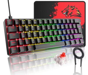 60% true mechanical gaming keyboard ultra-compact with 20 rainbow backlit type c wired programmable 62 keys linear red switch waterproof non-conflict and gaming mouse pad  for pc/laptop/ps5（black)