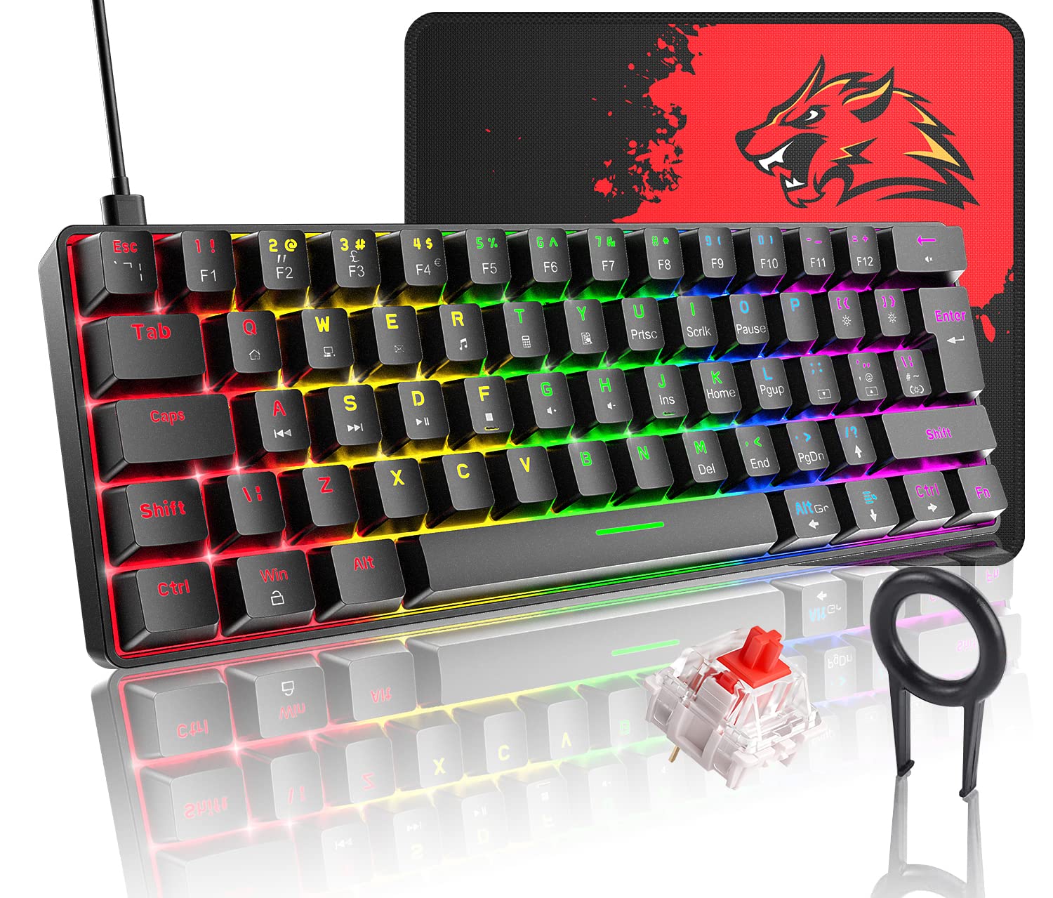 60% True Mechanical Gaming Keyboard Ultra-compact with 20 Rainbow Backlit Type C Wired Programmable 62 Keys Linear Red Switch Waterproof Non-Conflict and Gaming Mouse Pad  for PC/Laptop/PS5（Black)