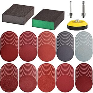 tshya 100pcs 3inch sanding discs pad with 2pcs sanding sponge buffing blocks variety kit for drill grinder rotary tools attachment with 1/4" shanks, sanding pads includes 80-3000 grit