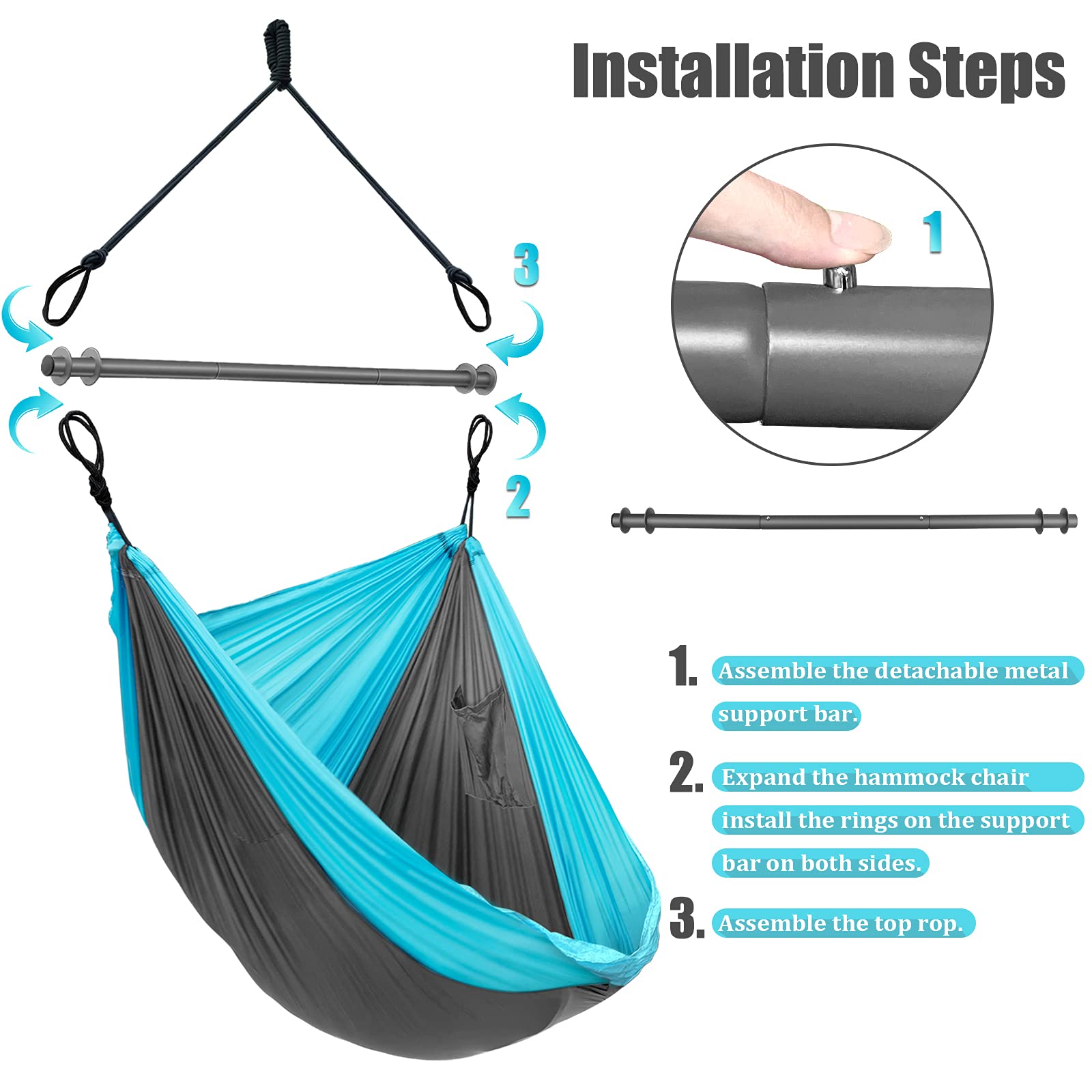 Hammock Chair, Portable Large Hanging Rope Swing - Lightweight Nylon Parachute -Max 500 Lbs - Detachable Metal Support Bar Hammock Chair Swing for Outdoor, Indoor, Camping, Beach (Grey & Sky Blue)