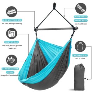 Hammock Chair, Portable Large Hanging Rope Swing - Lightweight Nylon Parachute -Max 500 Lbs - Detachable Metal Support Bar Hammock Chair Swing for Outdoor, Indoor, Camping, Beach (Grey & Sky Blue)