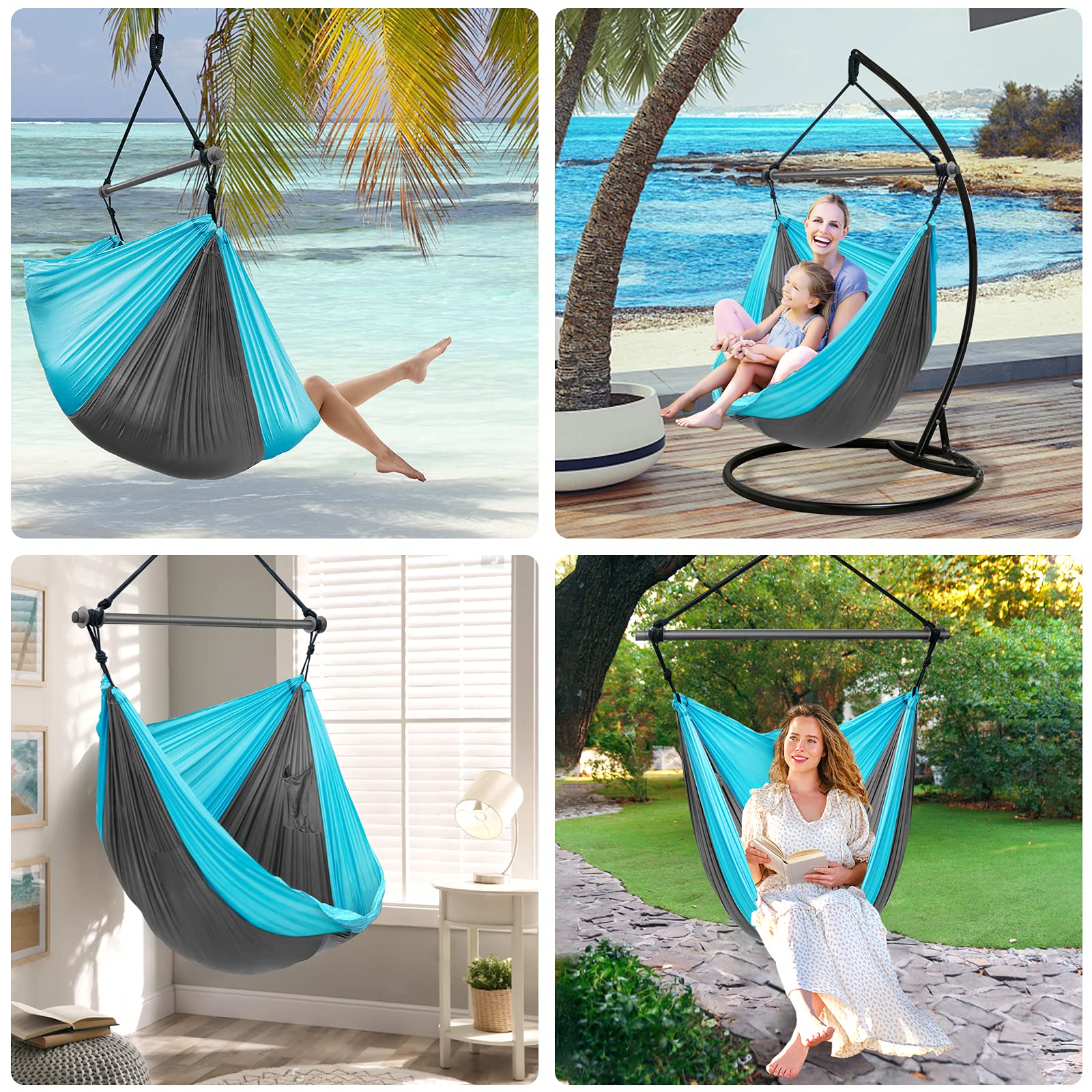 Hammock Chair, Portable Large Hanging Rope Swing - Lightweight Nylon Parachute -Max 500 Lbs - Detachable Metal Support Bar Hammock Chair Swing for Outdoor, Indoor, Camping, Beach (Grey & Sky Blue)