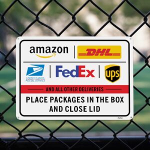 Package Delivery Sign for Outside Porch, Delivery Instructions for FedEx Amazon UPS USPS DHL Metal Sign, 10x7" Rust Free Aluminum,Weather/Fade Resistant, Easy Mounting, Indoor/Outdoor Use(1pcs)