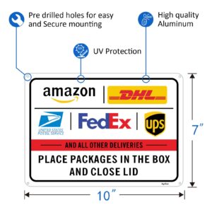 Package Delivery Sign for Outside Porch, Delivery Instructions for FedEx Amazon UPS USPS DHL Metal Sign, 10x7" Rust Free Aluminum,Weather/Fade Resistant, Easy Mounting, Indoor/Outdoor Use(1pcs)