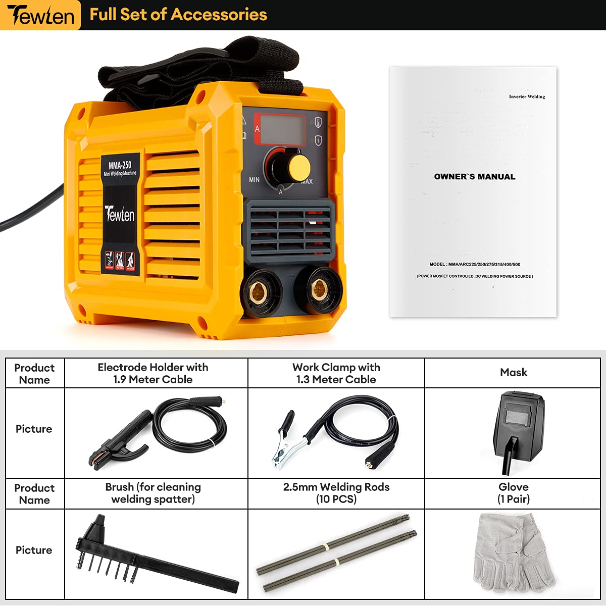 250Amp MMA Welder, TEWLEN ARC Welding Machine Kit, Portable 110V IGBT Digital Display LCD Hot Start Welder Electric Welder Machine with Electrode Holder,Earth Clamp,Mask,Brush,Welding Rods,Gloves