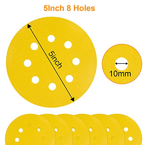 60 Pcs 5 Inch Sanding Discs, 8 Hole 180 Grit Hook and Loop Gold Sanding Discs, 5“ Round Sandpaper for Random Orbital Sander