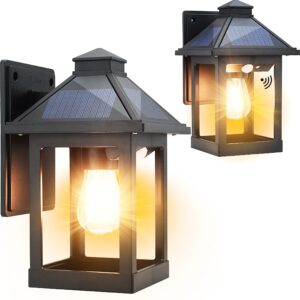 cyhkee 2 pack solar wall lanterns outdoor with 3 modes, dusk to dawn motion sensor led sconce lights ip65 waterproof, exterior front porch security lamps wall mount patio fence garage decorative