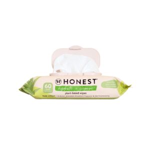 the honest company hydrate + cleanse benefit wipes | cleansing multi-tasking wipes | 99% water, plant-based, hypoallergenic | aloe + cucumber, 60 count
