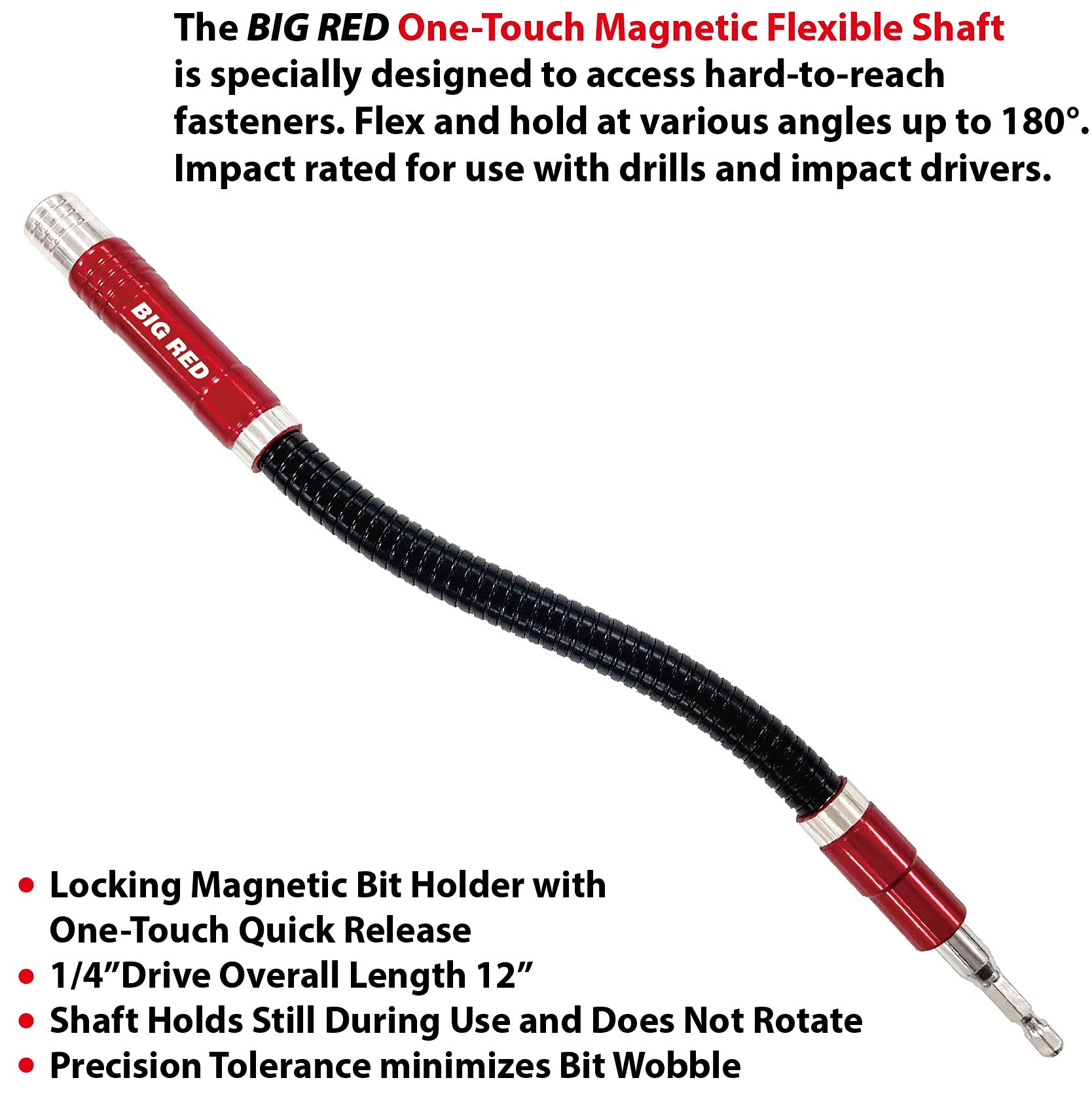 BIG RED BHT-MFS01 Torin 12 Inch Flexible Drill Extension Shaft, 1/4" Hex Shank, Magnetic Quick Release Screwdriver Bit Holder