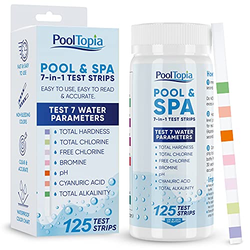 PoolTopia 7-Way Pool and Spa Test Strips, 125 Strips for Testing pH, Chlorine, Bromine, Water Hardness, Alkalinity & More - Pool, Spa and Hot Tub Test Strips