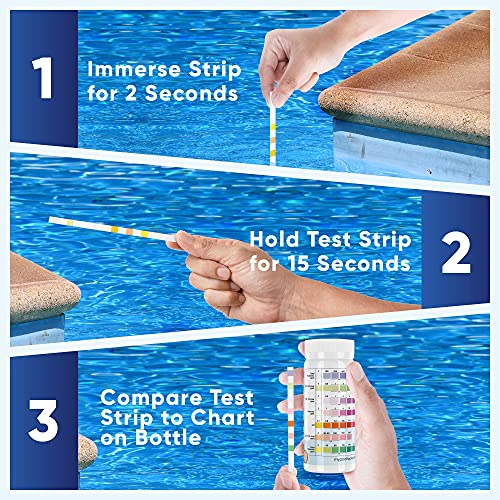 PoolTopia 7-Way Pool and Spa Test Strips, 125 Strips for Testing pH, Chlorine, Bromine, Water Hardness, Alkalinity & More - Pool, Spa and Hot Tub Test Strips