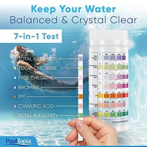 PoolTopia 7-Way Pool and Spa Test Strips, 125 Strips for Testing pH, Chlorine, Bromine, Water Hardness, Alkalinity & More - Pool, Spa and Hot Tub Test Strips