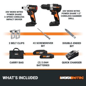 Worx Nitro 20V Impact Driver and Drill Driver with Brushless Motor, Drill Set with Storage Bag, Compact Drill and Driver Combo, Power Share Compatible WX960L – Batteries & Charger Included