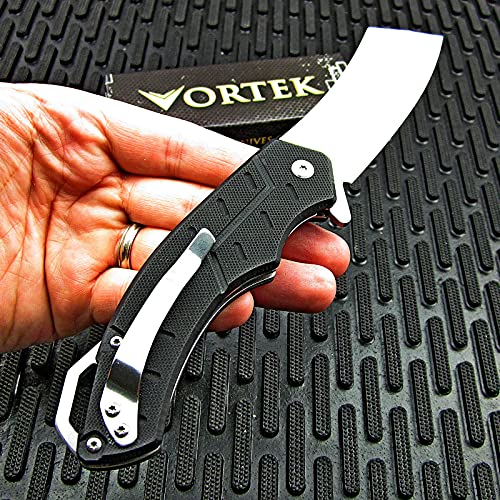 VORTEK Pocket Cleaver Knife: Ball Bearing Pivot, 8Cr13MoV Razor Sharp Cleaver Blade, Ultra Smooth Opening, Non-Slip G10 Handles, Heavy Duty Construction Built Tough