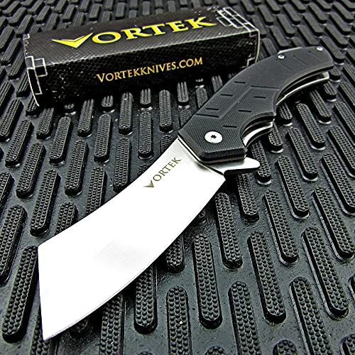 VORTEK Pocket Cleaver Knife: Ball Bearing Pivot, 8Cr13MoV Razor Sharp Cleaver Blade, Ultra Smooth Opening, Non-Slip G10 Handles, Heavy Duty Construction Built Tough