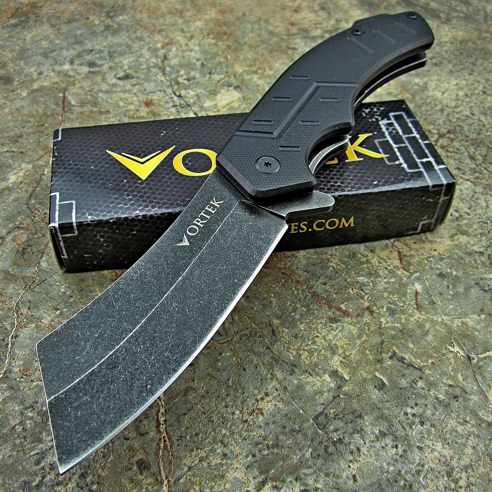 VORTEK Pocket Cleaver Knife: Ball Bearing Pivot, 8Cr13MoV Razor Sharp Cleaver Blade, Ultra Smooth Opening, Non-Slip G10 Handles, Heavy Duty Construction Built Tough