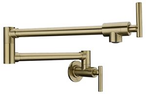 braccia series 24" wall mounted pot filler in brushed gold | 24” reach spout solid brass two handle dual shut-off valve double joint swing arm wall mount kitchen folding faucet | kf-az258bg