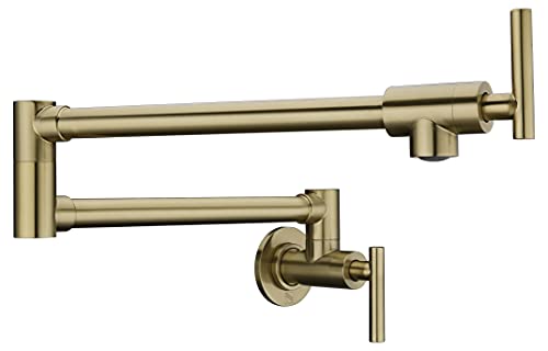 Braccia Series 24" Wall Mounted Pot Filler in Brushed Gold | 24” Reach Spout Solid Brass Two Handle Dual Shut-Off Valve Double Joint Swing Arm Wall Mount Kitchen Folding Faucet | KF-AZ258BG