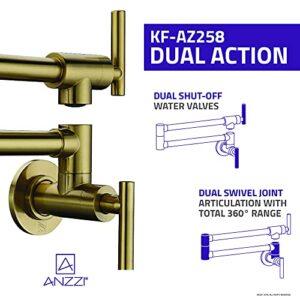 Braccia Series 24" Wall Mounted Pot Filler in Brushed Gold | 24” Reach Spout Solid Brass Two Handle Dual Shut-Off Valve Double Joint Swing Arm Wall Mount Kitchen Folding Faucet | KF-AZ258BG