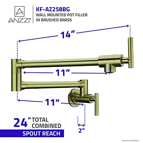 Braccia Series 24" Wall Mounted Pot Filler in Brushed Gold | 24” Reach Spout Solid Brass Two Handle Dual Shut-Off Valve Double Joint Swing Arm Wall Mount Kitchen Folding Faucet | KF-AZ258BG