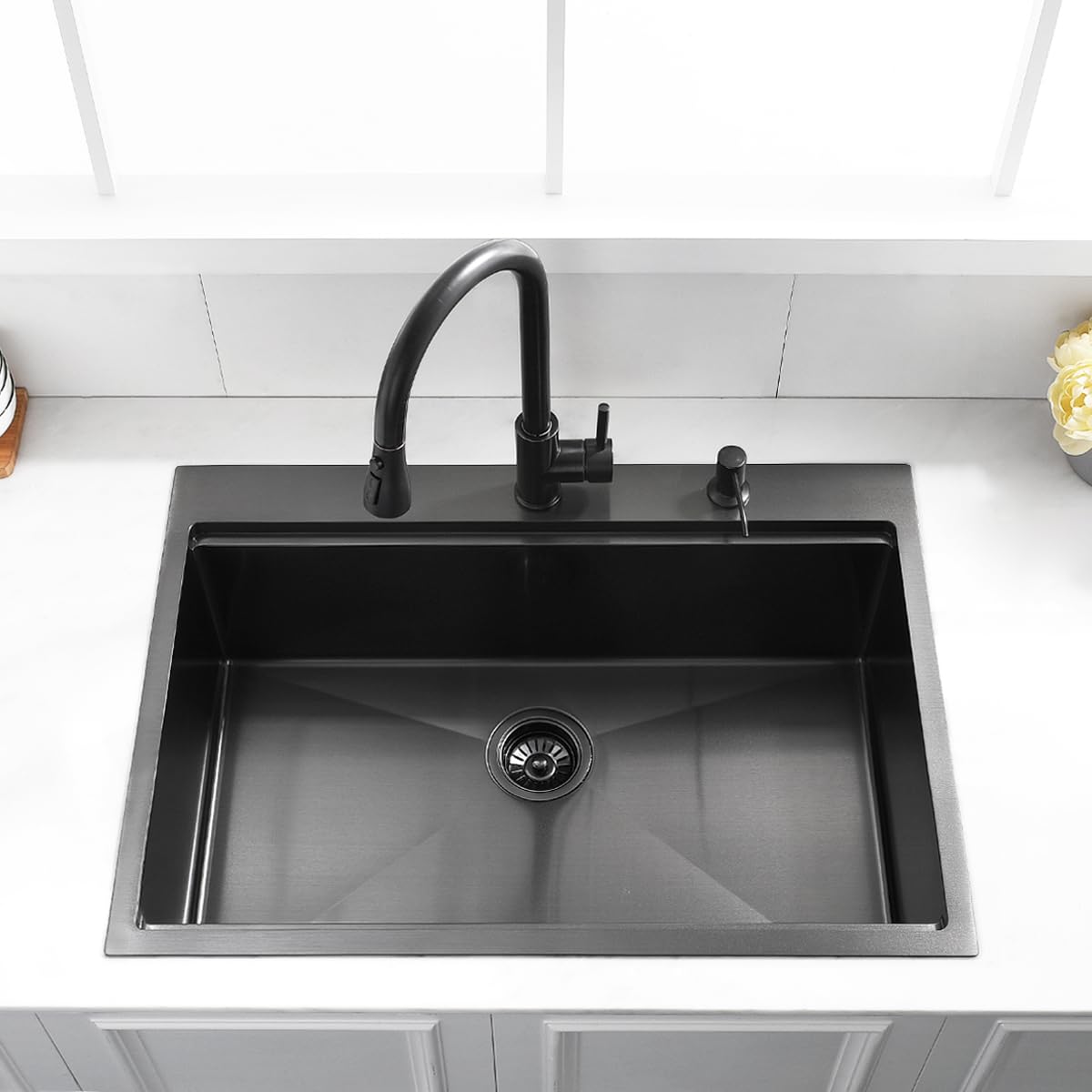 Luckyhorse 28 inch Black Drop in Kitchen Sink Farmhouse Sink with Workstation,16 Gauge Deep Black Stainless Steel Sinks for Kitchens.LH005S