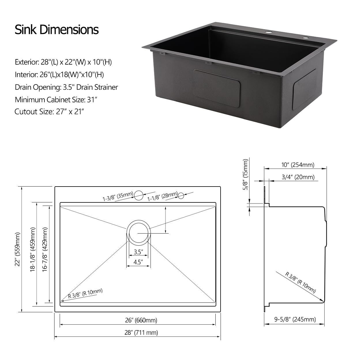 Luckyhorse 28 inch Black Drop in Kitchen Sink Farmhouse Sink with Workstation,16 Gauge Deep Black Stainless Steel Sinks for Kitchens.LH005S