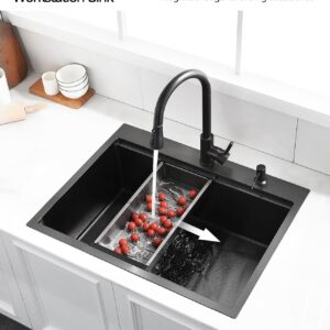 Luckyhorse 28 inch Black Drop in Kitchen Sink Farmhouse Sink with Workstation,16 Gauge Deep Black Stainless Steel Sinks for Kitchens.LH005S