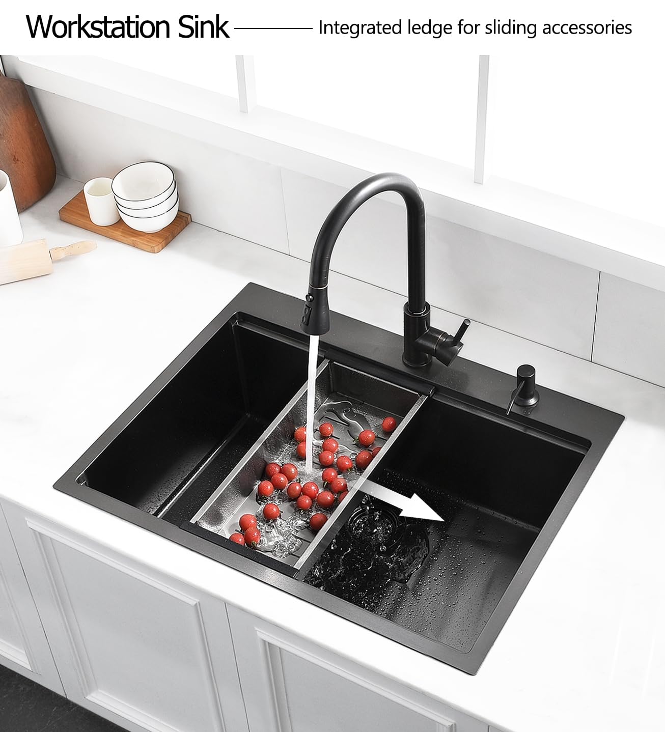 Luckyhorse 28 inch Black Drop in Kitchen Sink Farmhouse Sink with Workstation,16 Gauge Deep Black Stainless Steel Sinks for Kitchens.LH005S