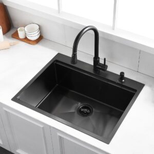 Luckyhorse 28 inch Black Drop in Kitchen Sink Farmhouse Sink with Workstation,16 Gauge Deep Black Stainless Steel Sinks for Kitchens.LH005S