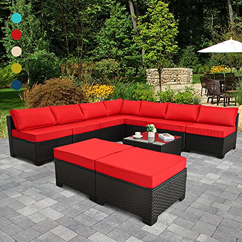 Patio Sectional Furniture Set 10-Piece Outdoor Wicker Conversation Sofa Couch with Red Non-Slip Cushions Furniture Cover Black PE Rattan