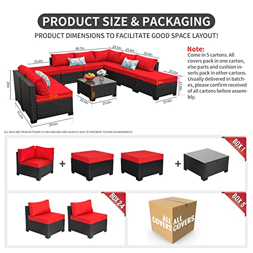 Patio Sectional Furniture Set 10-Piece Outdoor Wicker Conversation Sofa Couch with Red Non-Slip Cushions Furniture Cover Black PE Rattan