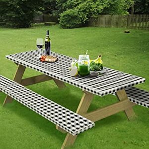 wagude Rectangle Vinyl Camping Picnic Table Cover + Benches 3-pc Set,30x72'' (6-FT) Flannel Backing Elastic Waterproof Wipeable Black/White Checkered Plastic Tablecloth for Indoor Outdoor Patio Park