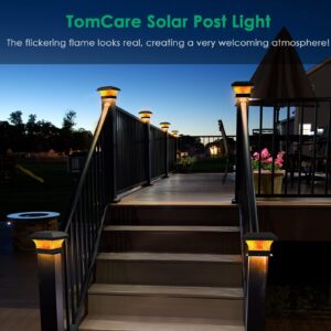 TomCare Solar Post Cap Lights Flickering Flame Solar Post Lights Outdoor Fence Lights Solar Powered Decorative Flame Solar Lights Waterproof Deck Lighting for Fence 4x4 6x6 Posts Patio Deck, 2 Pack