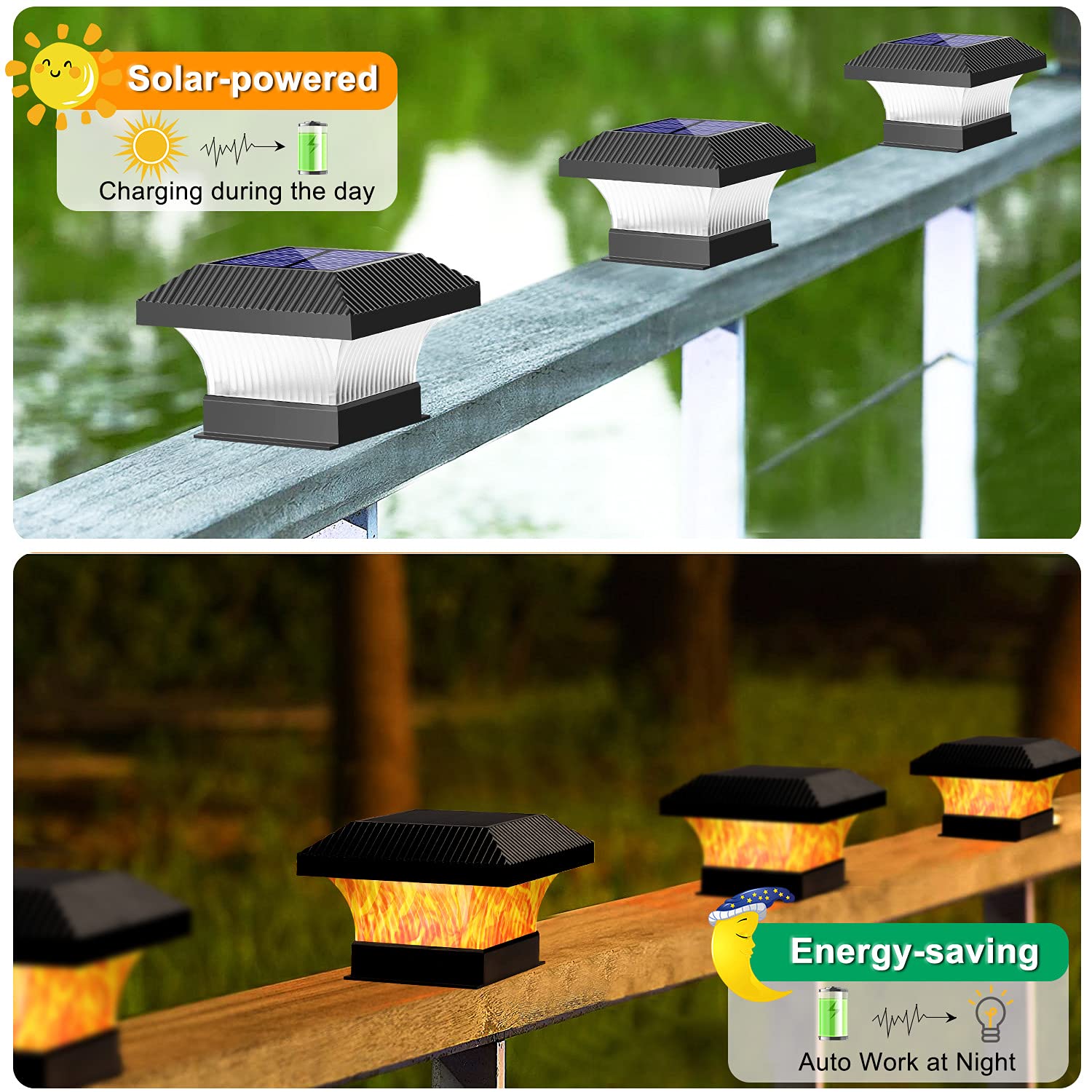 TomCare Solar Post Cap Lights Flickering Flame Solar Post Lights Outdoor Fence Lights Solar Powered Decorative Flame Solar Lights Waterproof Deck Lighting for Fence 4x4 6x6 Posts Patio Deck, 2 Pack