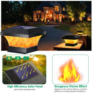 TomCare Solar Post Cap Lights Flickering Flame Solar Post Lights Outdoor Fence Lights Solar Powered Decorative Flame Solar Lights Waterproof Deck Lighting for Fence 4x4 6x6 Posts Patio Deck, 2 Pack