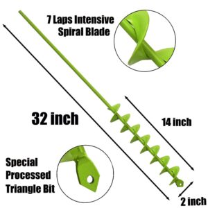 32" x 2" Upgraded Elongated Auger Drill Bit- No Need to Squat Post Hole Digger,100% Solid Barrel Extended Length Intensive Blades Heavy Duty Green Auger Drill Bit for Planting for 3/8" Hex Drive Drill