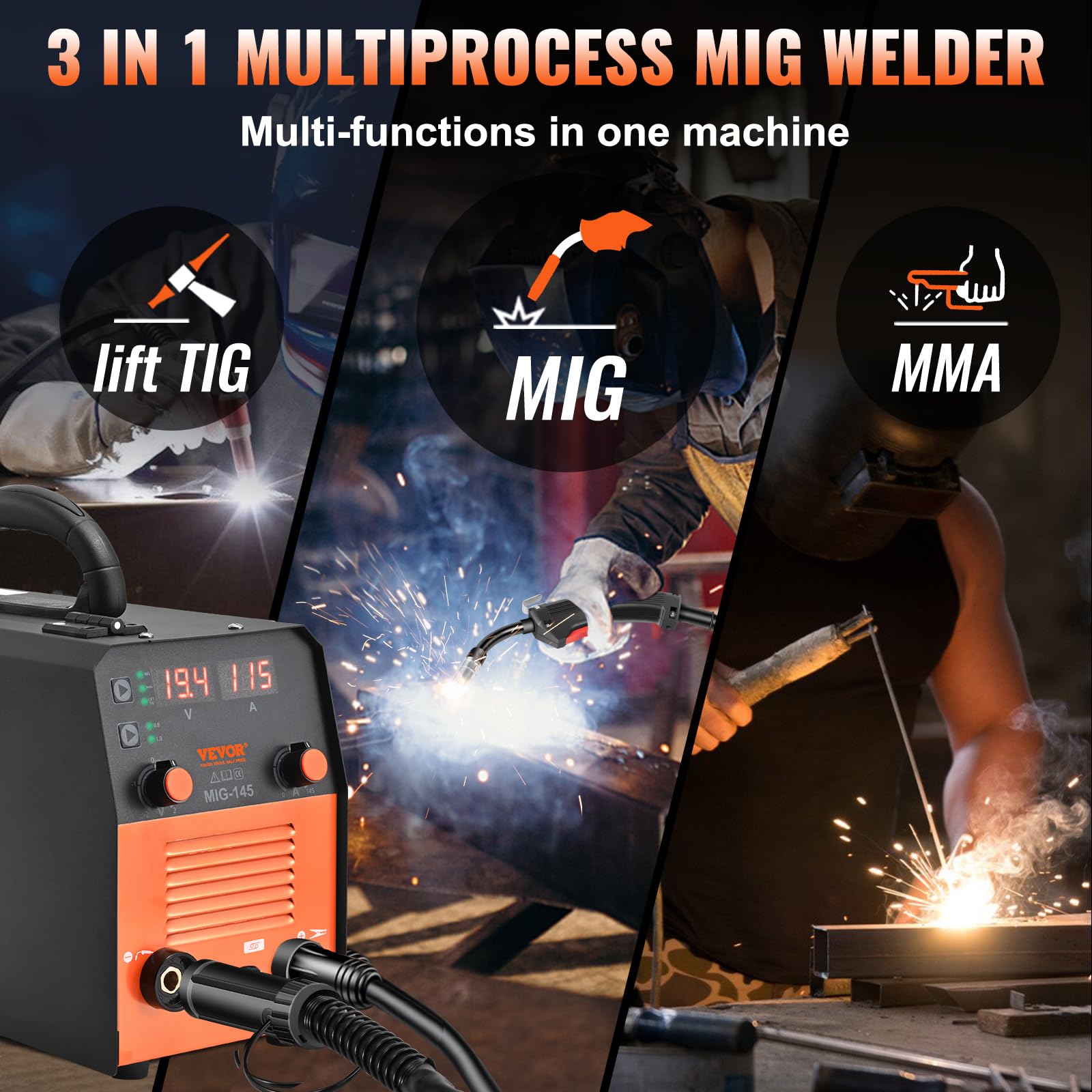 VEVOR MIG Welder, 130A Welding Machine, 3 in 1 Combo MMA/MIG/Lift TIG Welder Machine, Flux Core Welder, MIG-130 Portable Welding Machine, MIG Welding Equipment with 1KG Welding Wire Stick Welder