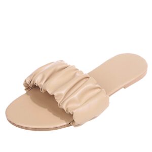 bravetoshop women's open toe flat sandals slip on slides summer casual beach slippers (beige,5 us)