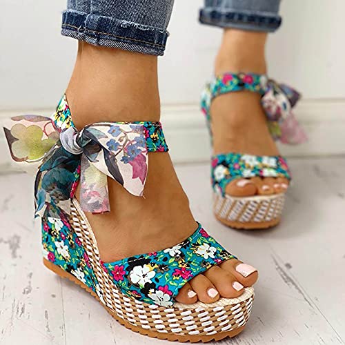 Bravetoshop Women's Wedge Sandals Lace Up Bow Tie Open Toe Platform Sandals High Heel Dress Shoes (Green,5 US)