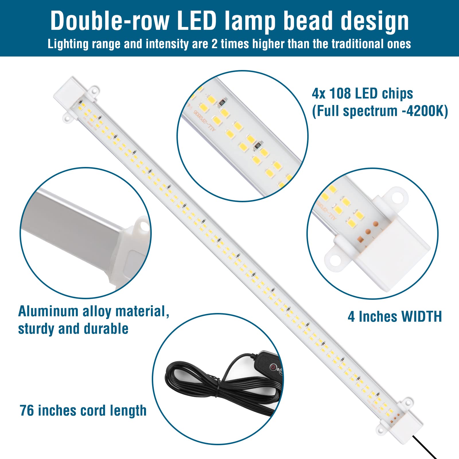 Mosthink Grow Lights for Indoor Plants, 4 Packs LED Strips Full Spectrum with Auto Timer 3/6/12H, Dimmable Sunlike Growing Lamp for Greenhouse,Seedling,432 LEDs (16 Inches)