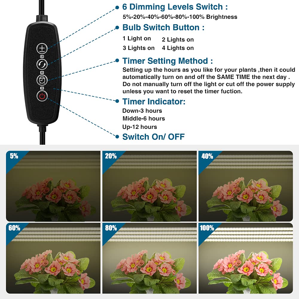 Mosthink Grow Lights for Indoor Plants, 4 Packs LED Strips Full Spectrum with Auto Timer 3/6/12H, Dimmable Sunlike Growing Lamp for Greenhouse,Seedling,432 LEDs (16 Inches)