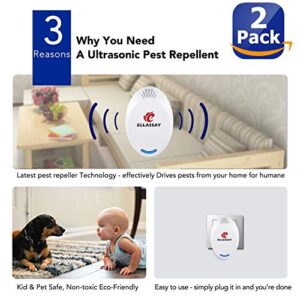 ELLASSAY Ultrasonic Pest Repeller - Pest Reject - Set of 2 Electronic Pest Control - Plug in Home Indoor Repellent - Get Rid of Mice, Roaches, Bugs, Fleas, Mosquitoes, Spiders, White