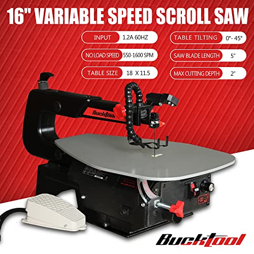 BUCKTOOL Quick Blade Change 16-inch Variable Speed Scroll Saw with Pedal Switch for woodworking Steel Work Table,SSA16LVF