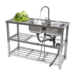 commercial restaurant sink,304 stainless steel utility sink kitchen bowl sink,with double storage shelves&drainer unit faucet combo with strainer (double bowl)
