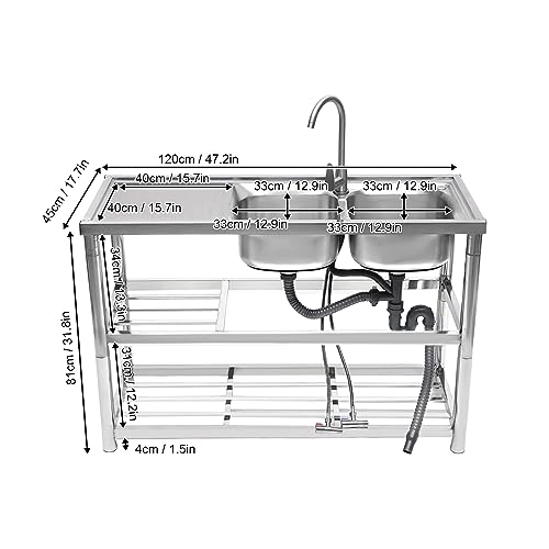 Commercial Restaurant Sink,304 Stainless Steel Utility Sink Kitchen Bowl Sink,with Double Storage Shelves&Drainer Unit Faucet Combo with Strainer (Double Bowl)