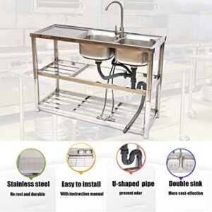 Commercial Restaurant Sink,304 Stainless Steel Utility Sink Kitchen Bowl Sink,with Double Storage Shelves&Drainer Unit Faucet Combo with Strainer (Double Bowl)