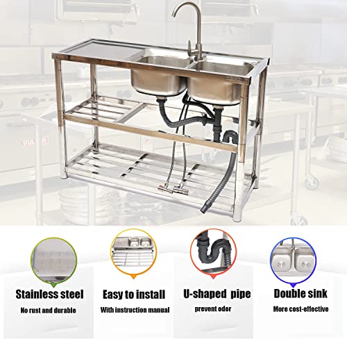 Commercial Restaurant Sink,304 Stainless Steel Utility Sink Kitchen Bowl Sink,with Double Storage Shelves&Drainer Unit Faucet Combo with Strainer (Double Bowl)